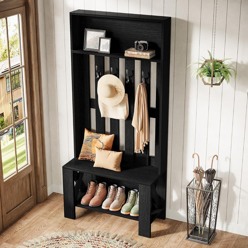 Tribesigns Hall Tree with Bench and Shoe Storage, Modern Entryway Bench with Coat Racks, 70.8" Tall Wooden Hall Tree Organizer with 4 Hooks for Mudroom, Hallway, Bedroom, Space-Saving, Black