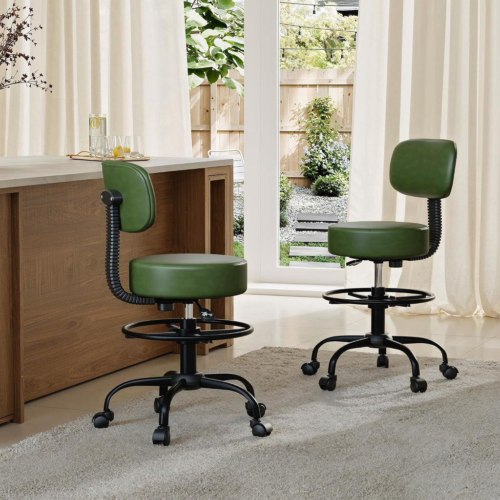 Drafting Chair with Back Support, Adjustable Foot Rest Rolling Stool, 360° Swivel Office Desk Chair with Wheels, Thick Seat Cushion for Home Bar Salon Tattoo Shop (1, Green)