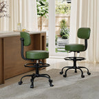 Drafting Chair with Back Support, Adjustable Foot Rest Rolling Stool, 360° Swivel Office Desk Chair with Wheels, Thick Seat Cushion for Home Bar Salon Tattoo Shop (1, Green)
