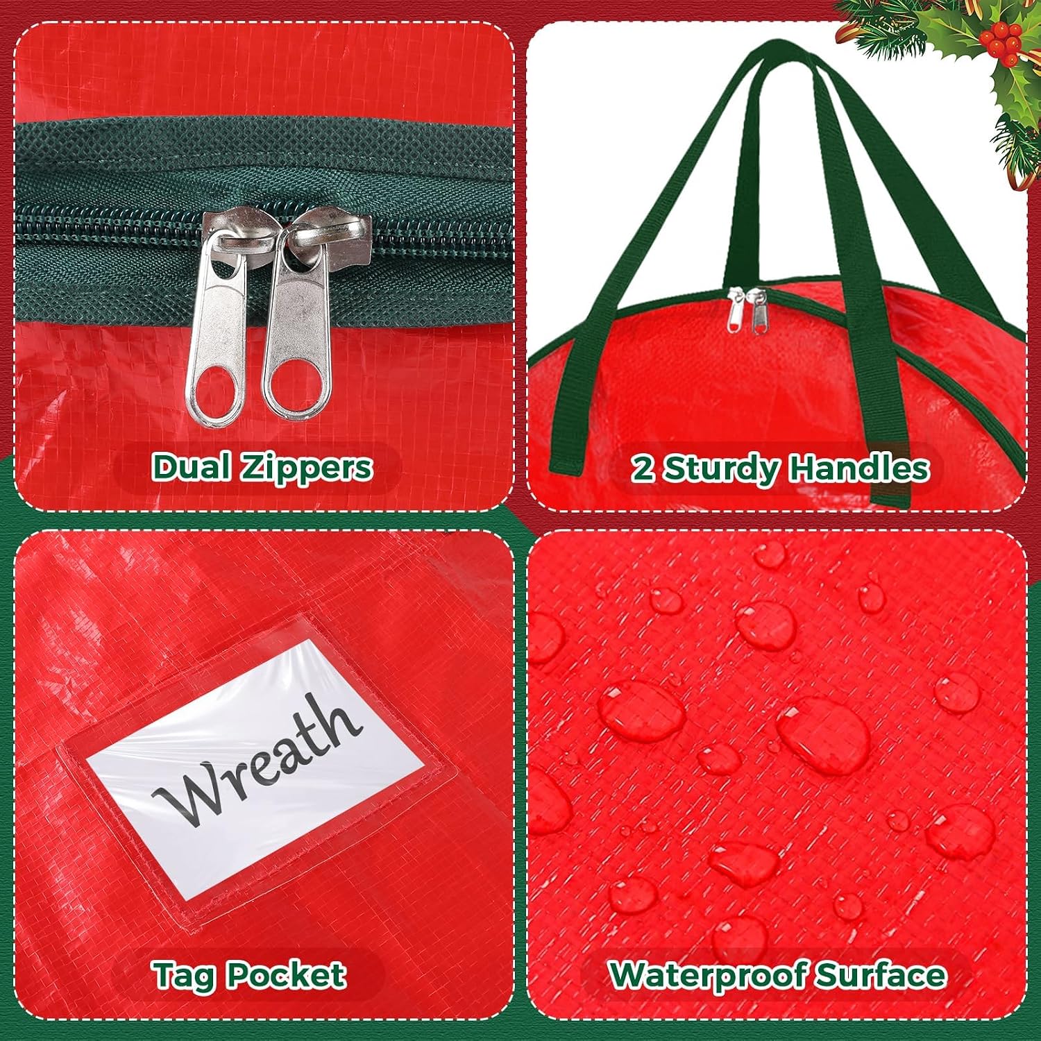 DeckTheHalls Christmas Wreath Storage Container, 2-PACK Waterproof Christmas Storage with Secure Zipper, Reinforced Carry Handles, Year-Round Protection for Christmas Garland & Holiday Decor (30 Inch)