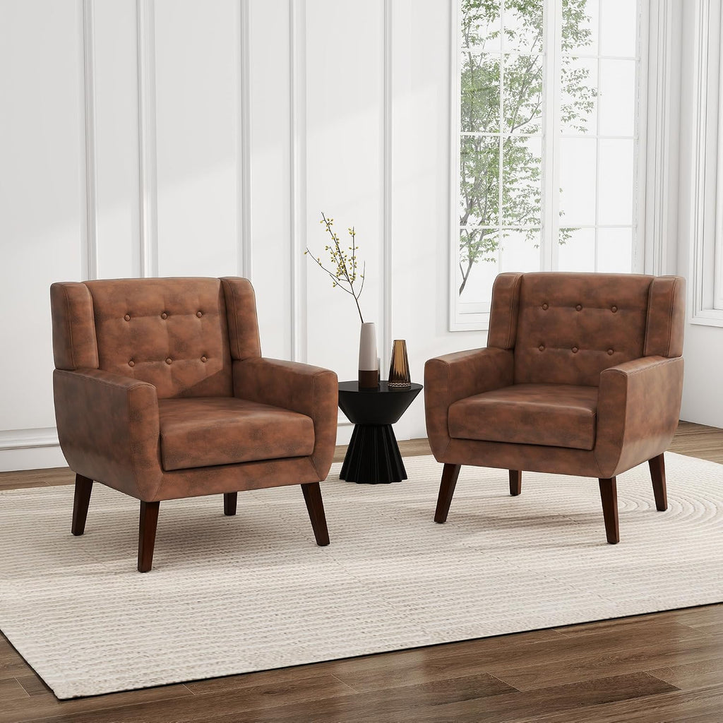 Faux Leather Accent Chair, Morden Upholstered Armchair for Living Room, Button Tufted Arm Chair Comfy Single Sofa Bedroom Side Reading Seat - Coffee