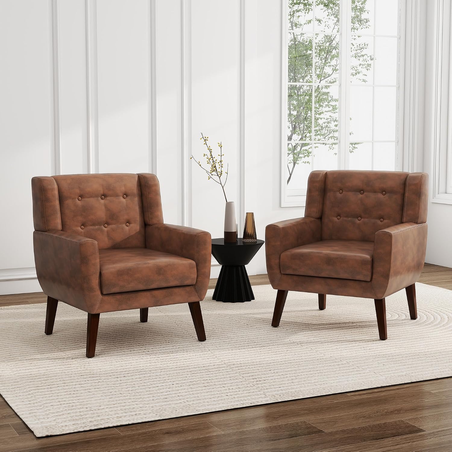 Faux Leather Accent Chair, Morden Upholstered Armchair for Living Room, Button Tufted Arm Chair Comfy Single Sofa Bedroom Side Reading Seat - Coffee