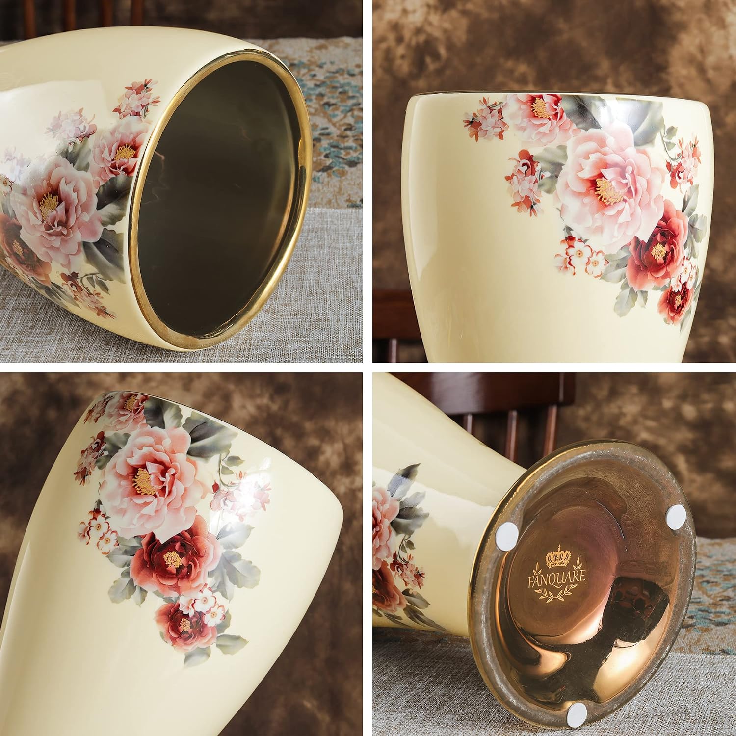 fanquare 12" Gold Floral Ceramic Vase for Home Decor, Vintage Small Vase for Centerpiece, Wedding Decor, Shelf, Decorative Vase for Flowers