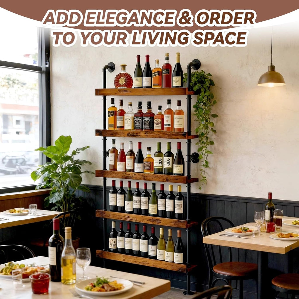 TONGMO 5-Tier Wall Mounted Wine Rack, Industrial Pipe Floating Bar Shelves, Liquor Bottle Display Shelf Holds 40+ Bottles, Space-Saving Storage for Home Bar Kitchen Dining Room, 31.5” W x 79” H