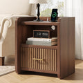 Night Stand with Charger Station - Modern Wood Nightstand with Drawer Storage, Fluted Wide Nightstands Bedside Table, Mid Century Night Stands for Bedroom Home Office Sofa, Walnut