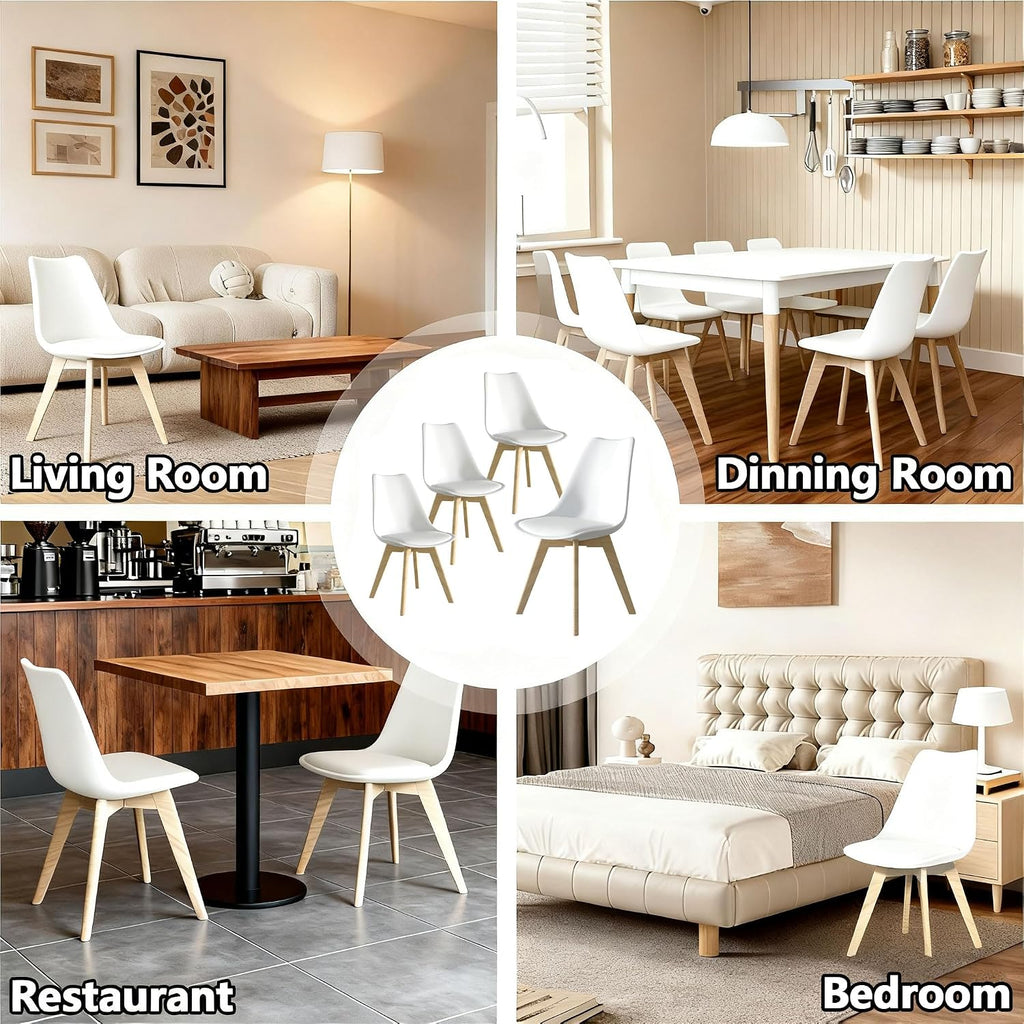 Dining Chairs Set of 4, Mid-Century Modern Kitchen Chairs with Wood Legs and Cushion, Leather Dining Chairs Set for Living Room, Kitchen, Outdoor Lounge, White 4 Pack