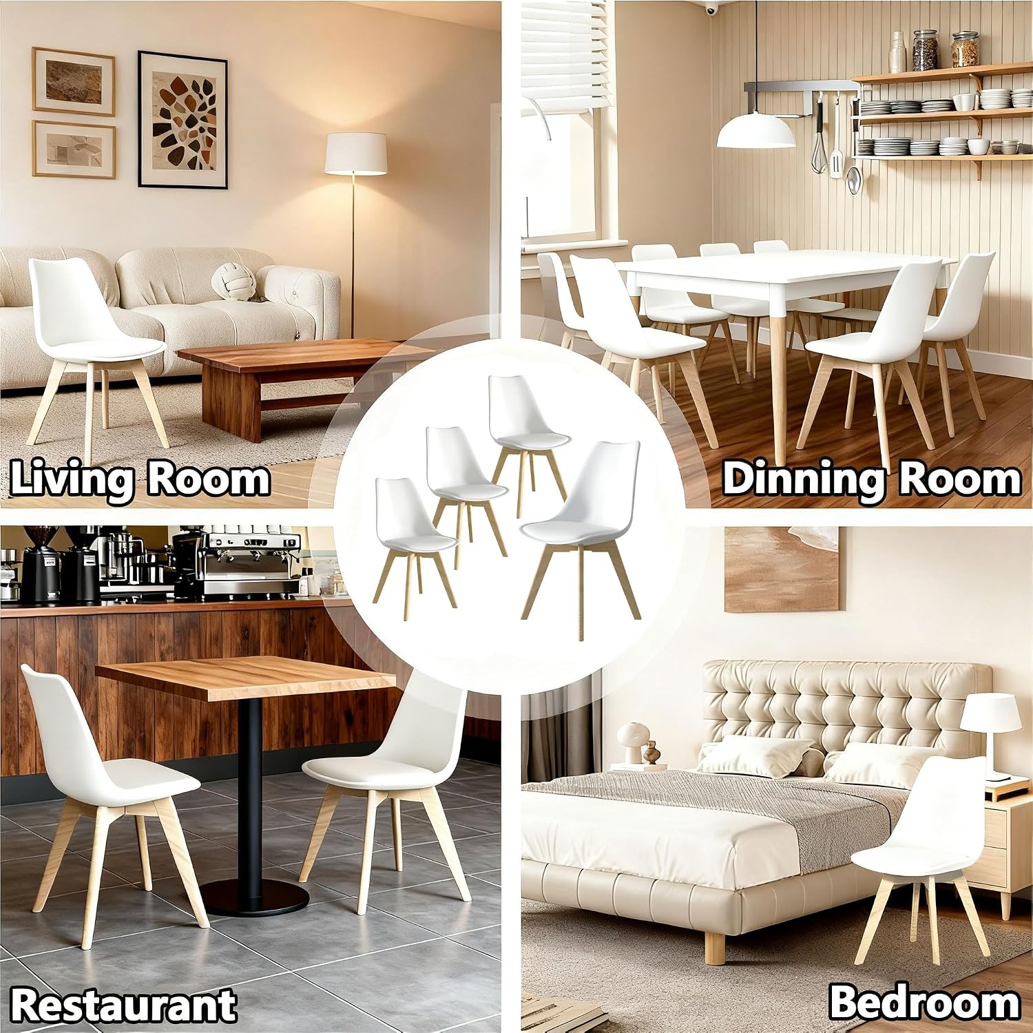 Dining Chairs Set of 4, Mid-Century Modern Kitchen Chairs with Wood Legs and Cushion, Leather Dining Chairs Set for Living Room, Kitchen, Outdoor Lounge, White 4 Pack