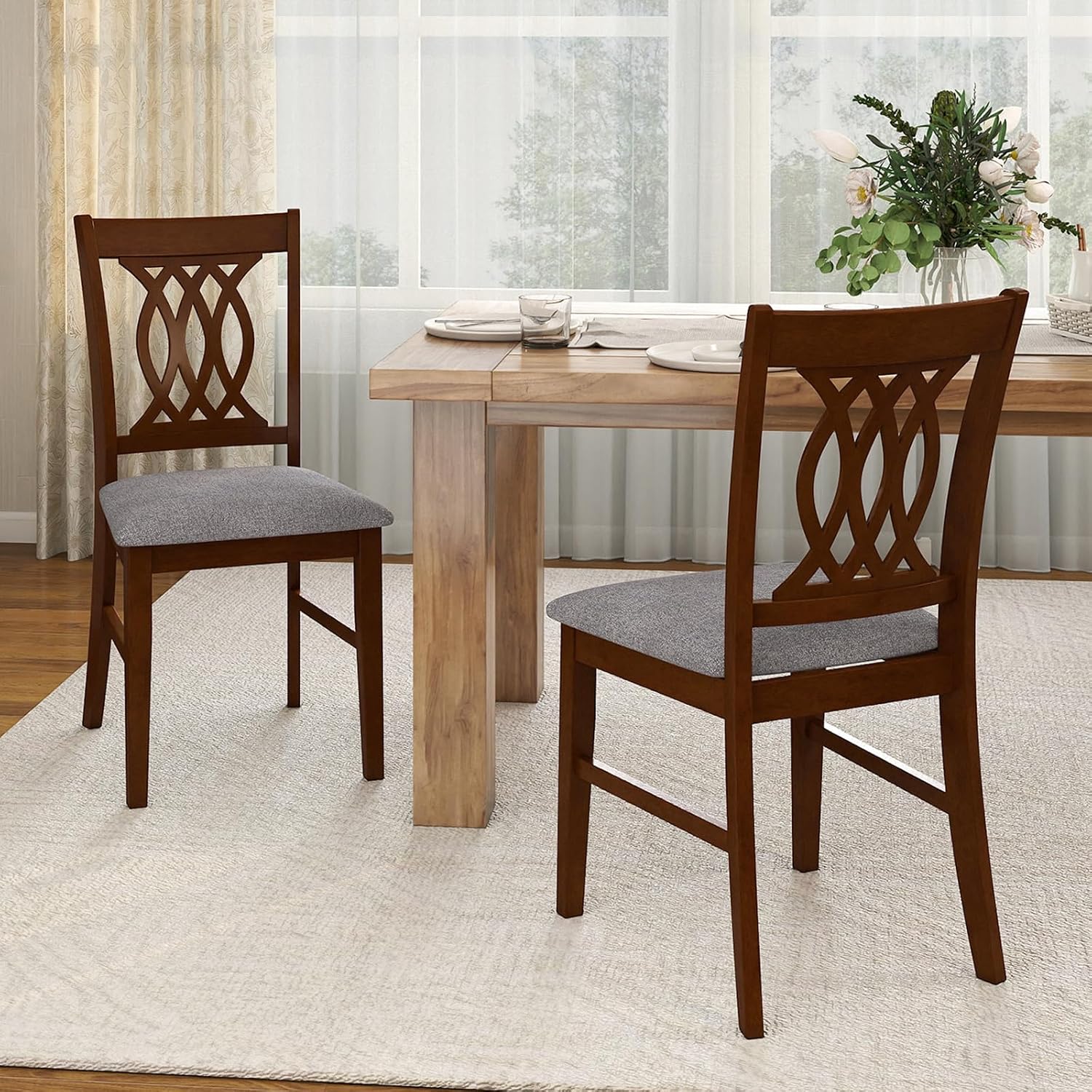 Giantex Upholstered Dining Chairs Set of 2, Farmhouse Fabric Side Chairs w/Cushioned Seats, Patterned Backrests, Sturdy Rubber Wood Frames, Wooden Accent Chairs for Kitchen, Dining Room