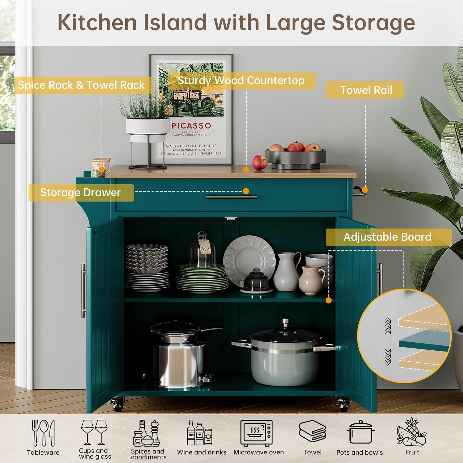 Wood Kitchen Island with Storage, Rolling Kitchen Island On Wheels, Mobile Island Trolley Cart Sideboard Cabinet with Towel Rack, Spice Rack, Adjustable Shelf, Wooden Top & Large Drawer, Dark Green