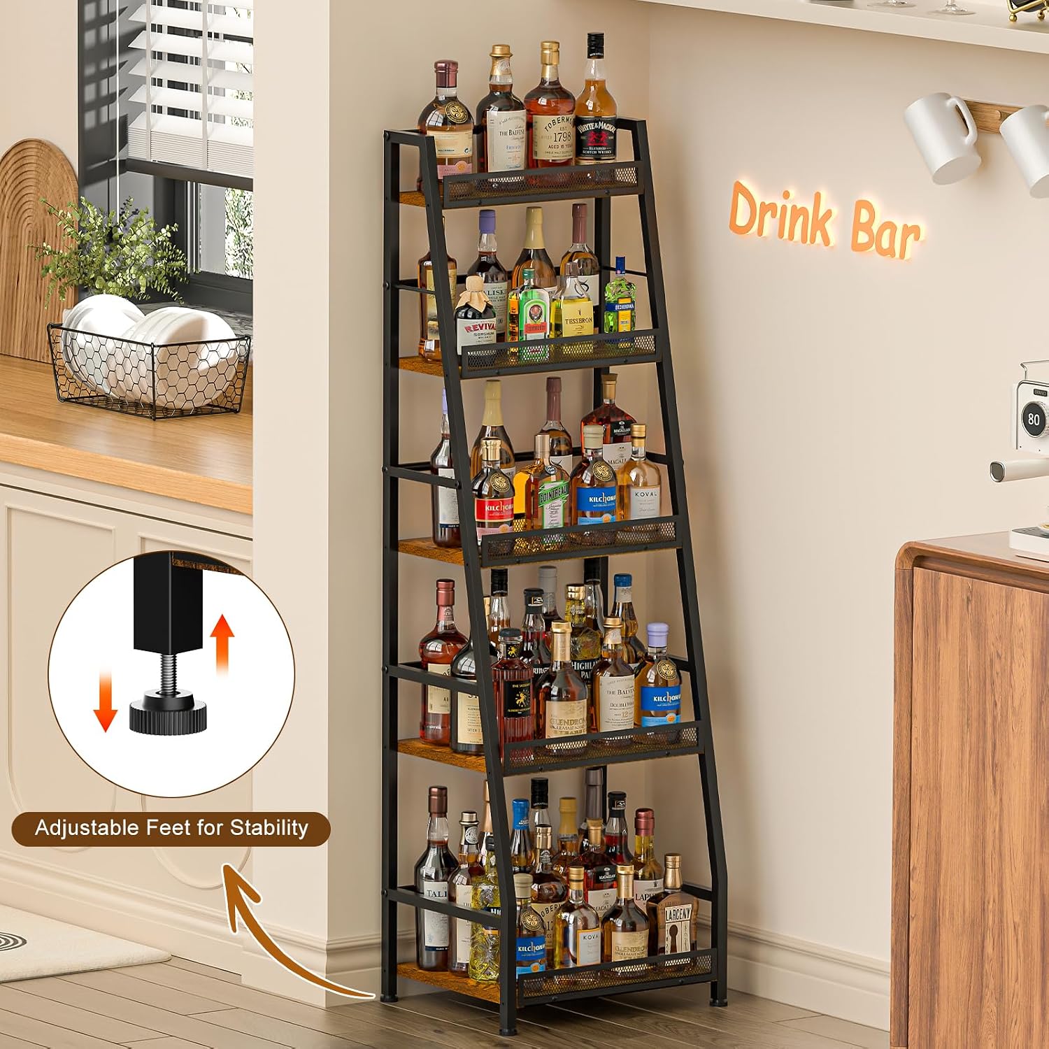 5-Tier Trapezoid Liquor Stand for Home Bar, Large-Capacity Liquor Cabinet Bar for Home, Stepped Wine Rack Freestanding Floor for Whiskey, Corner Wine Bottle Display Shelf with Fences for Living Room