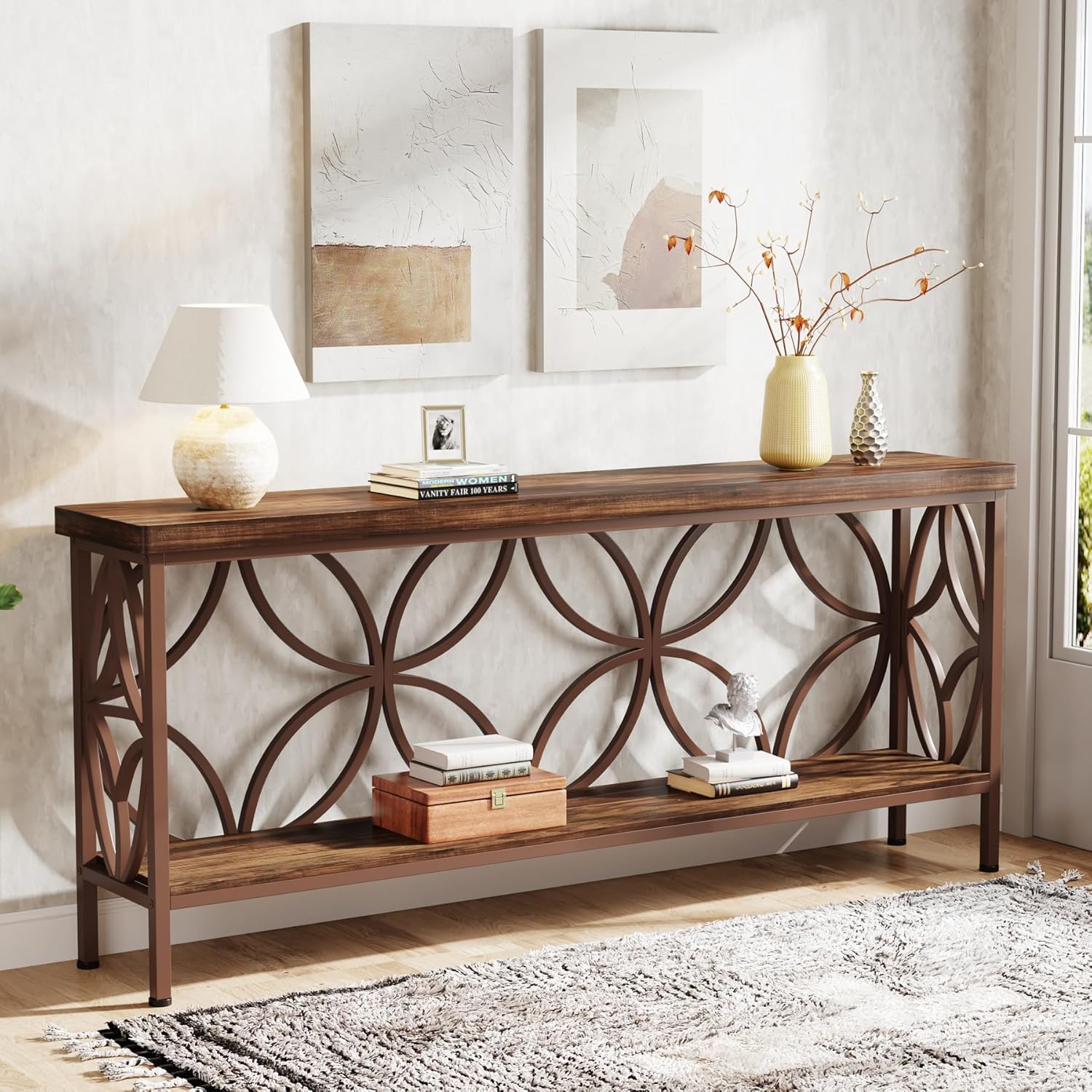 Tribesigns 70.9-Inch Narrow Sofa Table, 2-Tier Industrial Console Table Behind Couch, Long Entry Tables with Storage for Entryway, Living Room, Foyer, Hallway, Glossy Brown