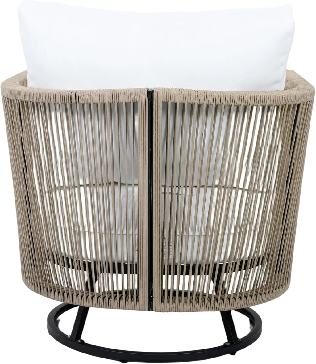 Garden Swivel Chair, Natural Acacia Wood with Handwoven Rope Design, Beige