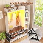 Itaar Hall Tree with Bench and Shoe Storage, Farmhouse Entryway Bench with Coat Rack, Shoe Cabinet with Flip Drawers, 7 Shelves, 10 Coat Hooks, Storage Bag, Led Lights, White