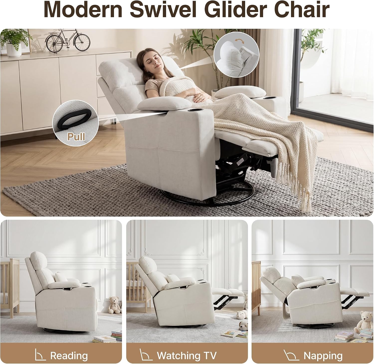 FiveWillowise 360° Rocker Recliner Chair with Adjustable Armrest&Headrest | Oversized Manual Nursery Glider with Cup Holder,Swivel Rocking Chairs for Breastfeeding,Living Room,Bedroom,Beige