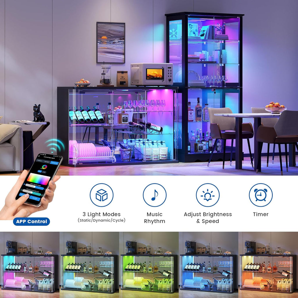 Dystler Glass Display Cabinet with RGB Lights, Rounded Display Case for Collectibles with Human Sensor Design, LED Curio Cabinet for Storage Action Figures/Trophy/Medal, Black