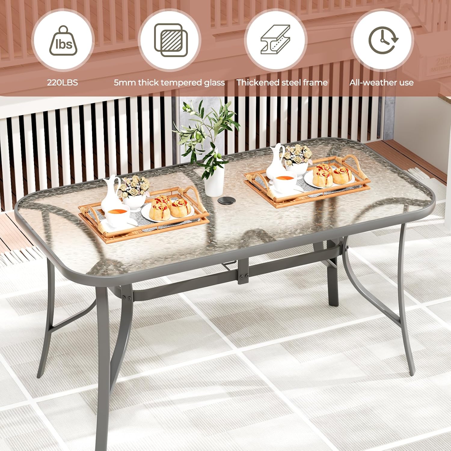 TLSUNNY Patio 30"X 55" Rectangular Glass Table with 1.69″ Umbrella Hole | Outdoor Dining Table for 6, with Powder-coated Metal Frame, 5mm Thickened Glass, 220LBS, All-Weather for Graden, Backyard