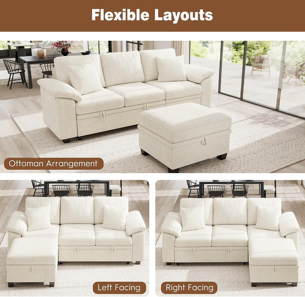 Ihanherry 86" Modular Sectional Sofa with Pull Out Bed, 4-Seater L Shaped Sectional Sleeper Couch with Storage Ottoman, Chenille Convertible Couches for Living Room, Apartment (Beige)