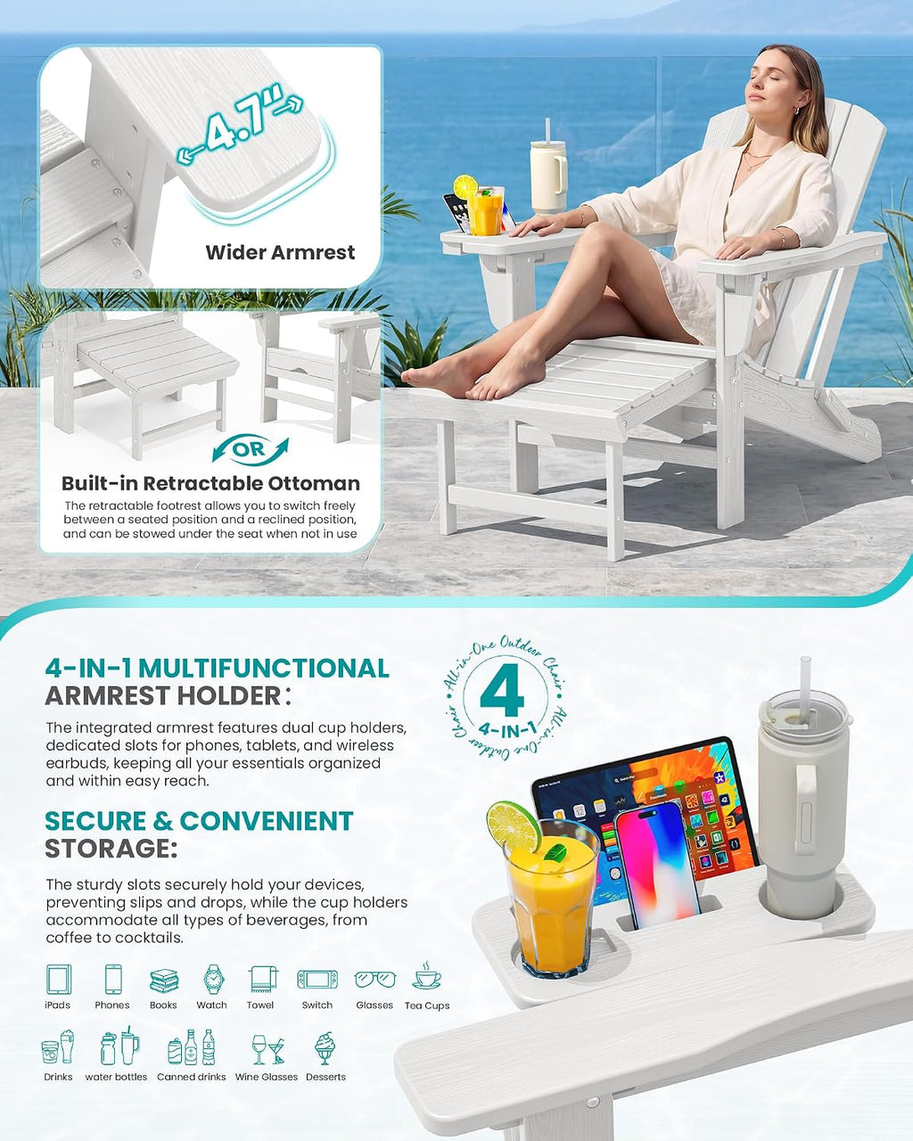 SERWALL Folding Adjustable Adirondack Chairs with Footrest Set of 2, HDPE Outdoor Chair with 4-in-1 Cup Holders, All Weather Adirondack Chair with Ottoman, White