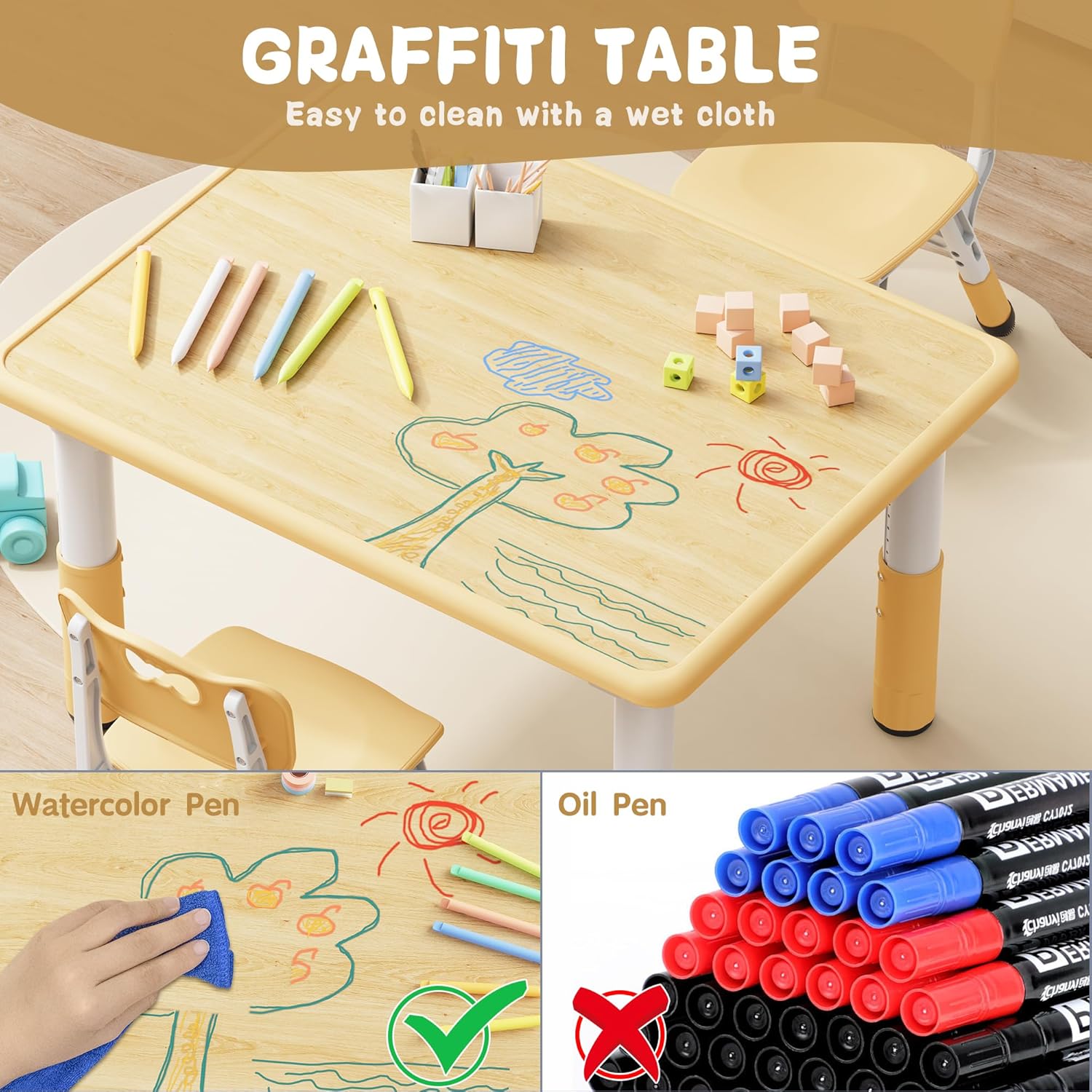 Brelley Kids Table and 2 Chairs Set, Height Adjustable Toddler Desk 31.5" L x 23.6" W and Chair Set, Graffiti Desktop, Classroom/Daycare/Home, Children Multi-Activity Table for Ages 3-8