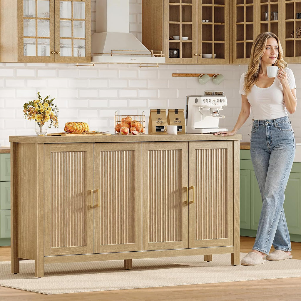 Buffet Cabinet with Storage, 63" Fluted Sideboard Cabinet with 4 Adjustable Shelves, Modern Coffee Bar with 4 Doors, Coffee Bar Cabinet for Kitchen, Living Room, Natural