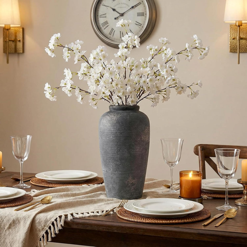 Rustic Distressed Ceramic Threaded Vase, 11"H Handmade Wabi Sabi Decor Vase (Deep Charcoal with Light Gray Weathering and Wheat Beige Patches) for Living Room Table Centerpieces, Entryway & Fireplace