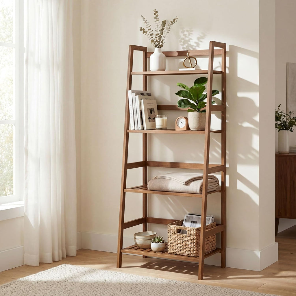COSTWAY 4-Tier Ladder Shelf, Bamboo Plant Stand Rack, Freestanding Bookshelf, Multifunctional Storage Shelves, Flower Stand Rack Holder for Garden, Balcony, Living Room, Bedroom (Brown)
