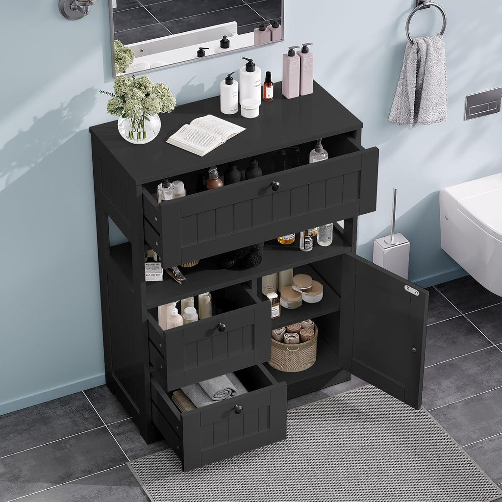 GRUSIGN Storage Cabinet, Modern Bathroom Floor Storage Cabinet Organizer with 1 Door and 3 Drawers, Freestanding Cupboard for Kitchen/Living Room Use