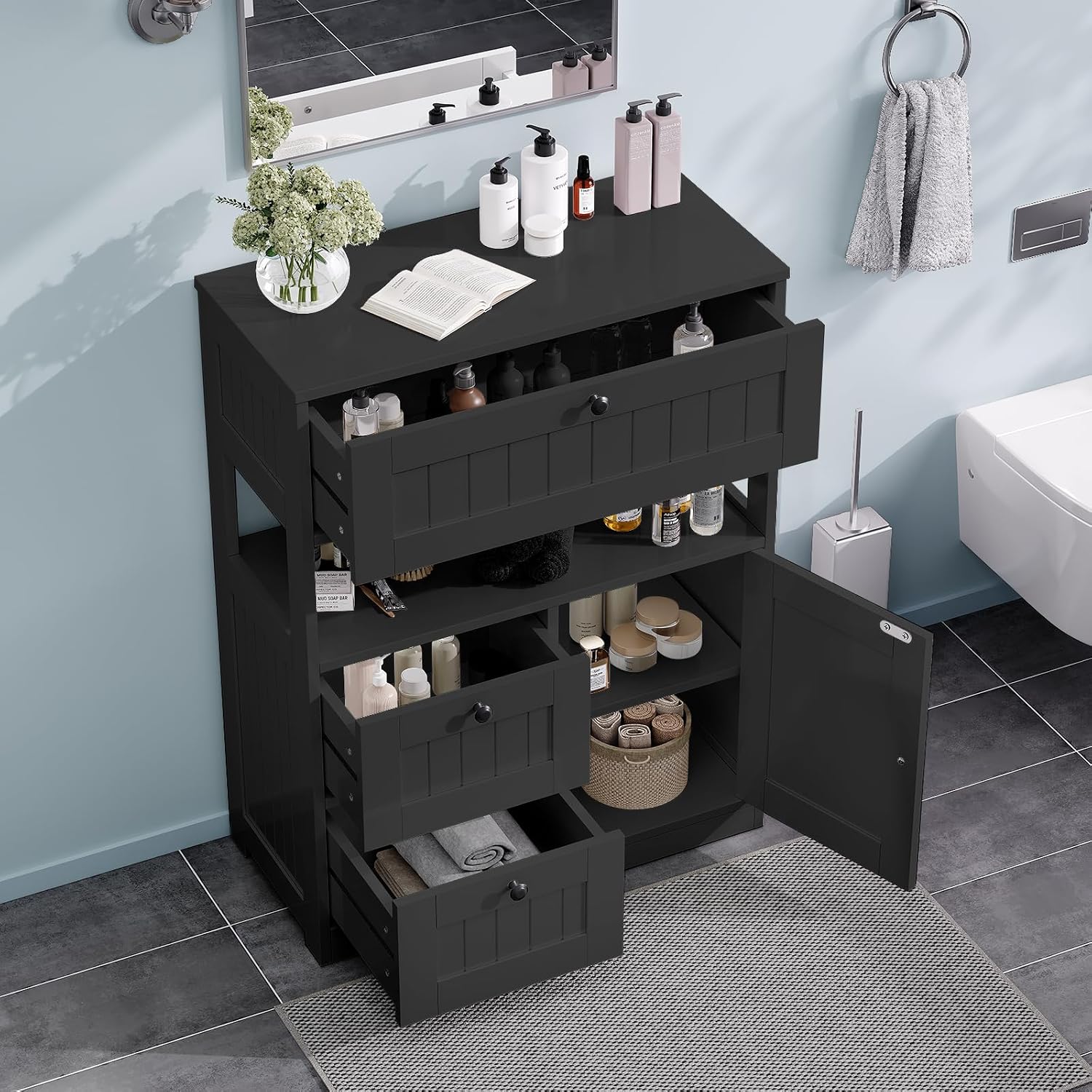 GRUSIGN Storage Cabinet, Modern Bathroom Floor Storage Cabinet Organizer with 1 Door and 3 Drawers, Freestanding Cupboard for Kitchen/Living Room Use