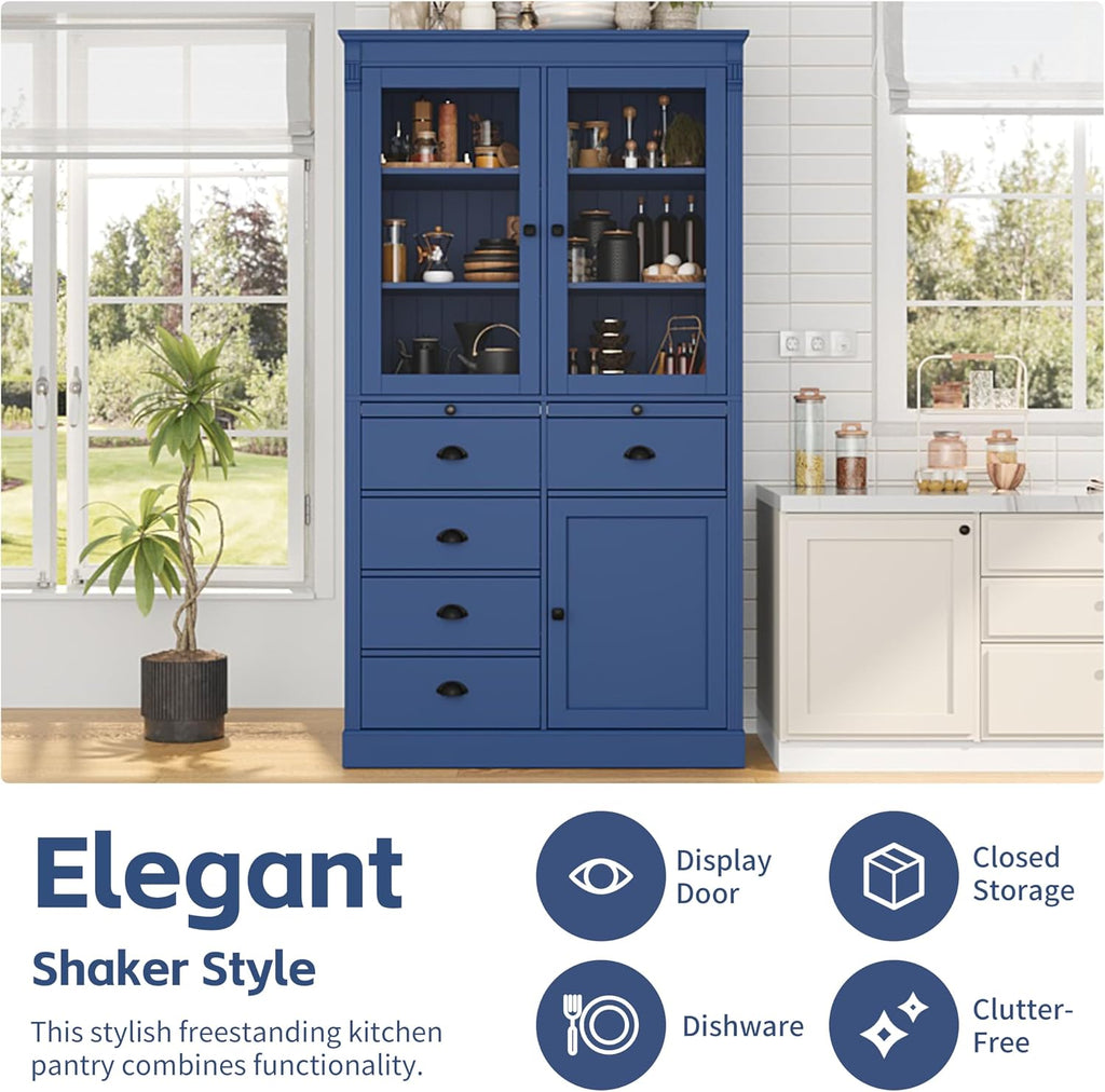 Vintage 72''H Kitchen Pantry,Widen Display Storage Pantry with Glass Doors, Coffee Bar with Serving Trays and Shelves,for Dining Living Room (Blue-VK)