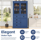 72''H Kitchen Pantry Cabinet, Vintage Storage Cupboard with 2 Glass Doors, Drawers, Serving Trays and Shelves, Freestanding Coffee Bar Cabinet for Dining Room Living Room, Blue