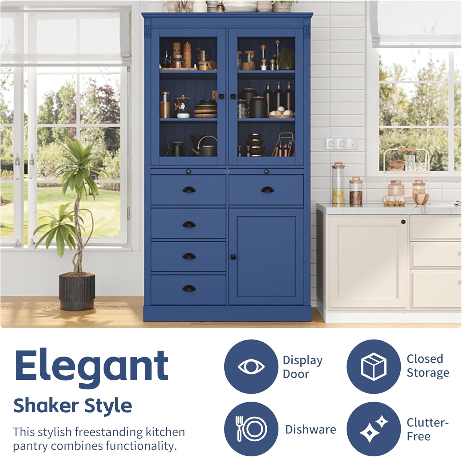 72''H Kitchen Pantry Cabinet, Vintage Storage Cupboard with 2 Glass Doors, Drawers, Serving Trays and Shelves, Freestanding Coffee Bar Cabinet for Dining Room Living Room, Blue