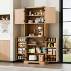 Cozy Castle 74" Farmhouse Pantry Cabinet with Charging Station, Tall Kitchen Storage Hutch Cabinet Coffee Bar Workstation, Sideboard Buffet Cupboard for Dining Room Living Room Furniture, Oak