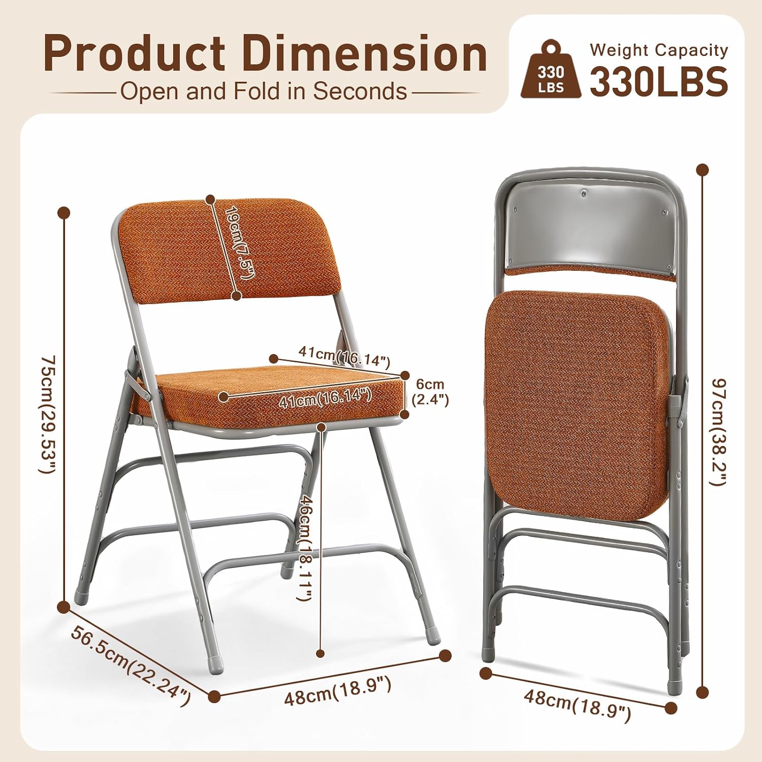 BOOSDEN Thick Padded Folding Chairs, Single Upholstered Foldable Chair, Comfortable Metal Chairs, Folding Chair with Fabric Cushion, Stackable Fold Up Chair for Kitchen Office Wedding Party (Tawny)
