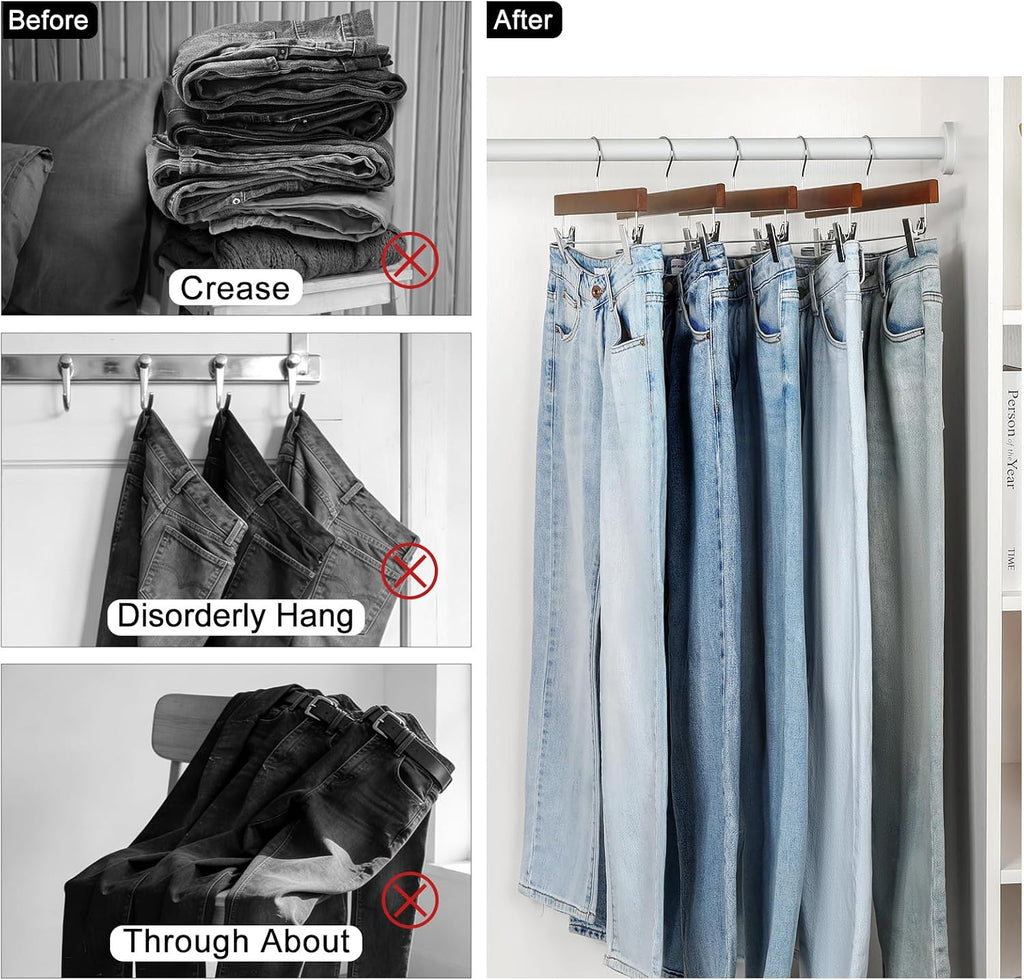 TOPIA HANGER Lotus Wood Pants Hangers, Walnut Wooden Skirt Short Jeans Trouser Hanger with Smooth Surface 360° Swivel Hook Anti Rust 2 Adjustable Clips, 10 Pack CT10PWA