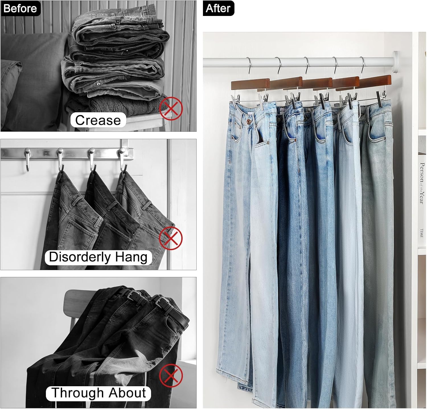 TOPIA HANGER Lotus Wood Pants Hangers, Walnut Wooden Skirt Short Jeans Trouser Hanger with Smooth Surface 360° Swivel Hook Anti Rust 2 Adjustable Clips, 10 Pack CT10PWA