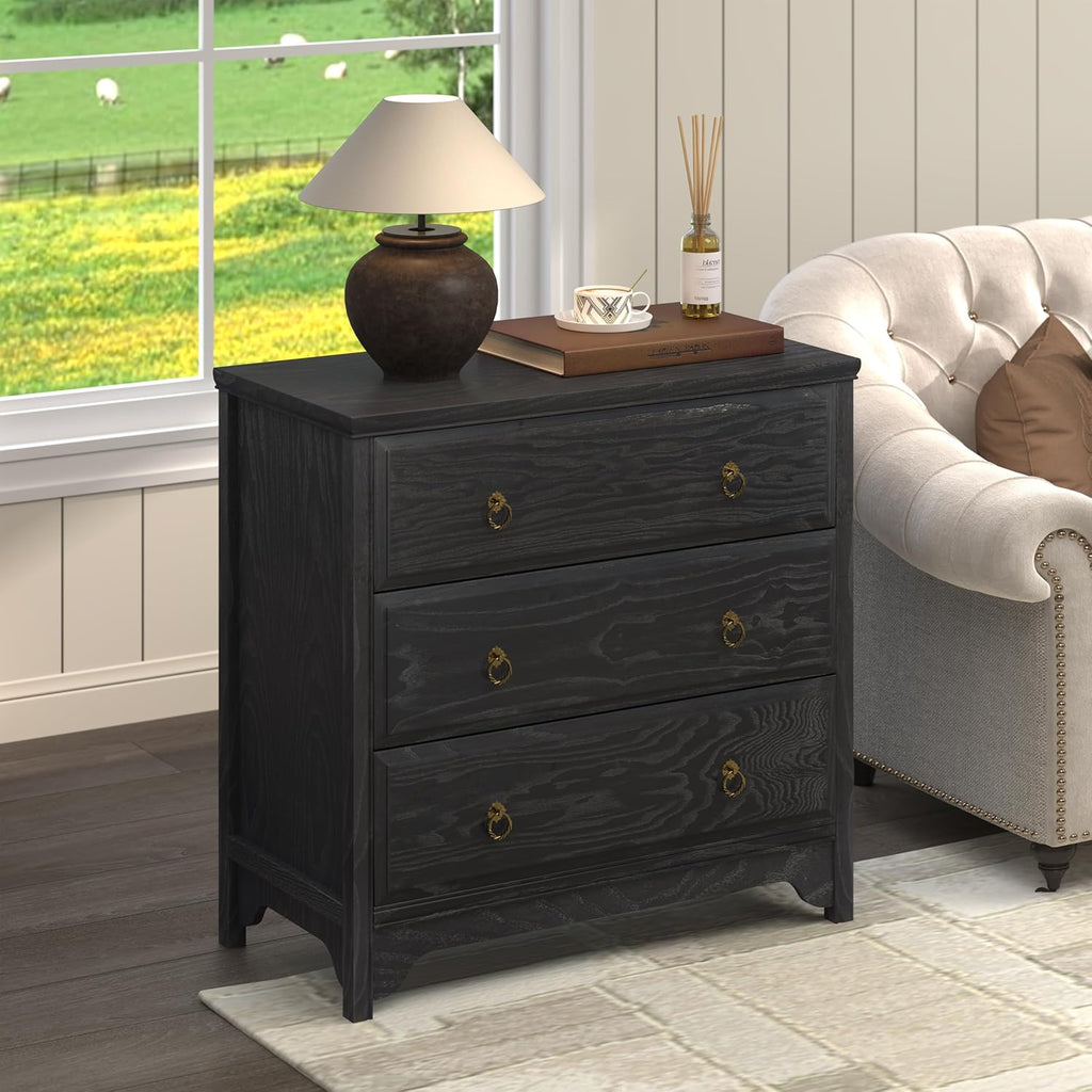 Chogori Farmhouse Solid Wood Nightstand, Rustic End Table with 3 Drawers & Vintage Ring Pulls, Sturdy Accent Side Table for Bedroom, Living Room, Hallway (Black-3 Drawers)