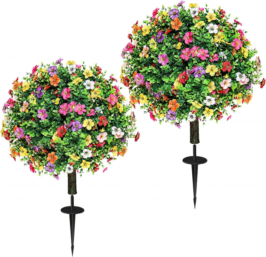 27.5" Artificial Boxwood Topiary Ball Trees with Colorful Flowers with Round Spike, Set of 2 UV Resistant Fake Bushes Outdoor Shrubs for Front Porch Planters, Weatherproof Faux Greenery Plants Decor