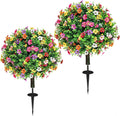 27.5" Artificial Boxwood Topiary Ball Trees with Colorful Flowers with Round Spike, Set of 2 UV Resistant Fake Bushes Outdoor Shrubs for Front Porch Planters, Weatherproof Faux Greenery Plants Decor