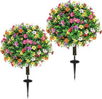 27.5" Artificial Boxwood Topiary Ball Trees with Colorful Flowers with Round Spike, Set of 2 UV Resistant Fake Bushes Outdoor Shrubs for Front Porch Planters, Weatherproof Faux Greenery Plants Decor