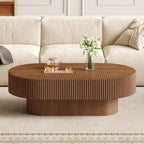 Merax Modern Oval Coffee Table with Sturdy Base, Wood Minimalist Fluted Center End Tables for Living Room Reception Room, Easy Assemble,Walnut