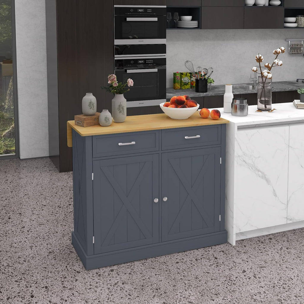 HOMCOM Rolling Kitchen Island with Drop Leaf Wood Breakfast Bar, Farmhouse Kitchen Cart with 2 Drawers, Adjustable Shelves for Dining Room, Dark Gray