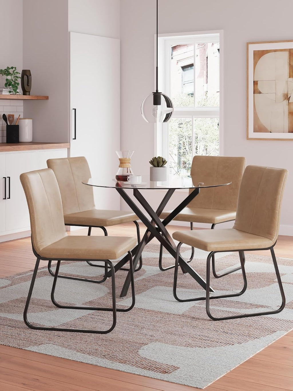 Signature Design by Ashley Pharwynn Modern Glass Tabletop Dining Table with Cross-Shaped Base, Black