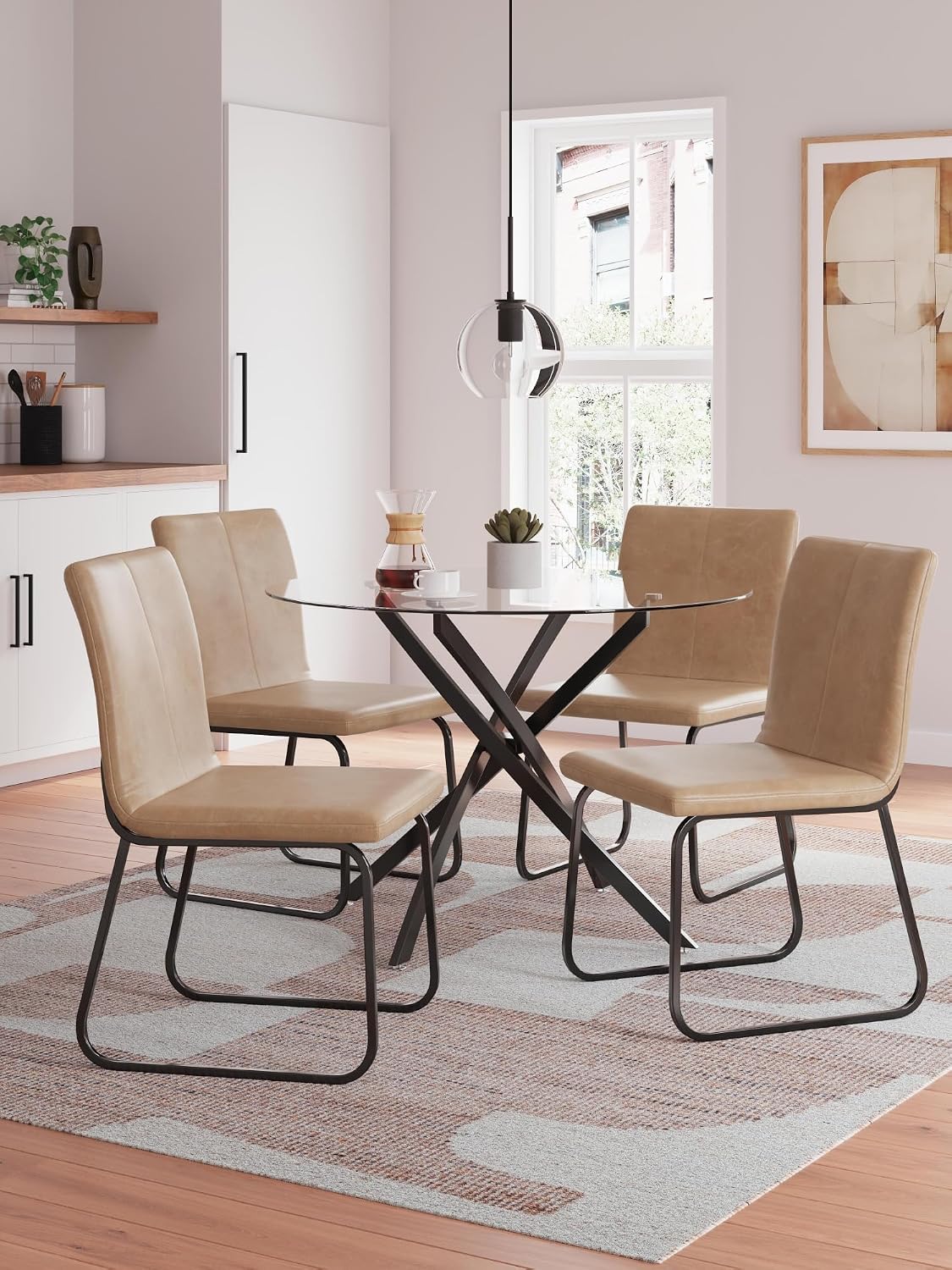 Signature Design by Ashley Pharwynn Modern Glass Tabletop Dining Table with Cross-Shaped Base, Black