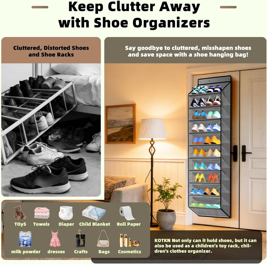PAULONE 10-Pocket Multi-Use Over the Door Organizer, Heavy Duty 95lbs Capacity with Breathable Mesh, Versatile Hanging Storage for Shoes, Toys, Office Supplies-Classic (Slate Grey, 10-Shelf,)
