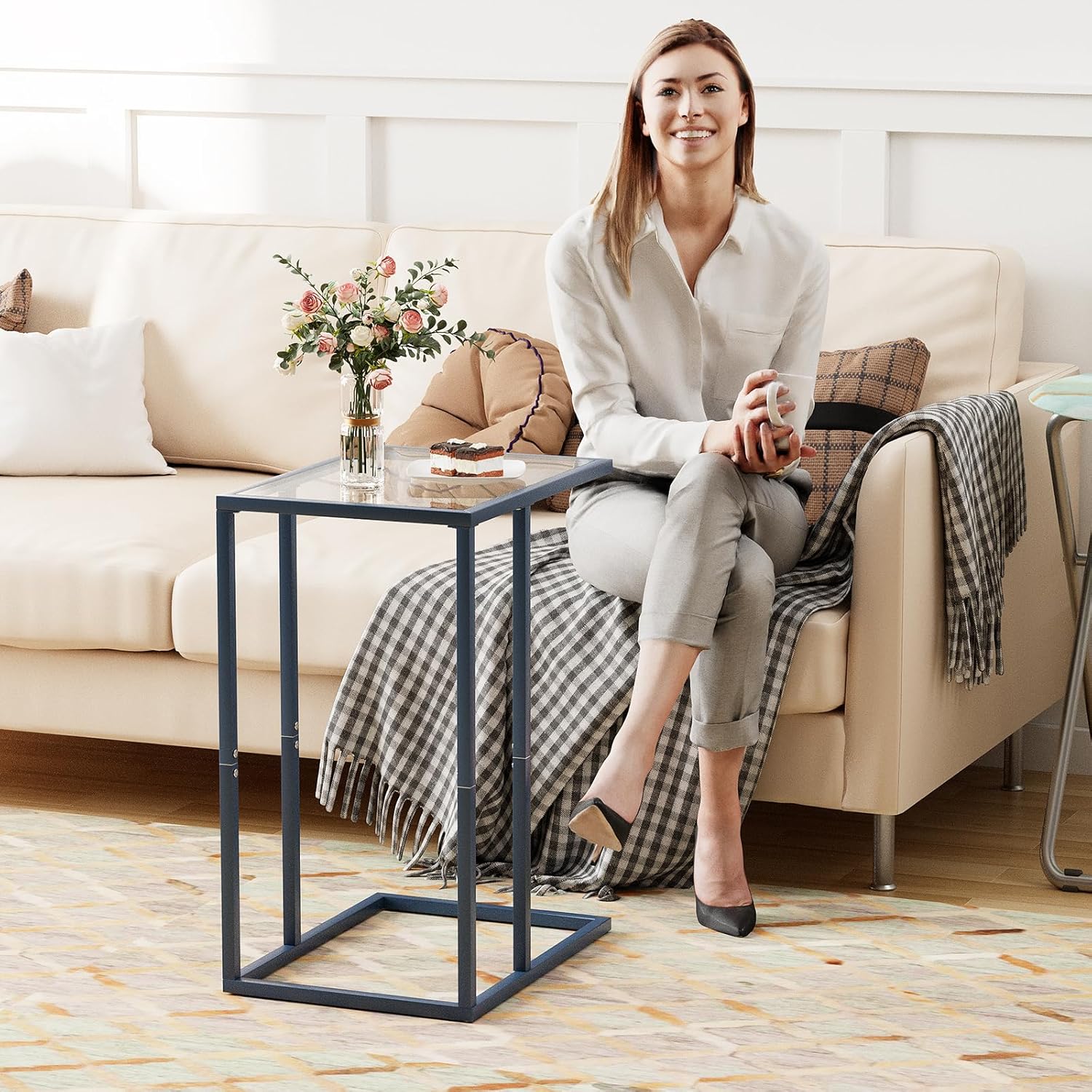 Easy Paws C Table End Table Set of 2, Glass Couch Side Table, Tempered Glass Snack Table with Metal Frame, TV Tray Table for Small Space, Sofa Couch Side Tableand Bed Side Table(Blue)