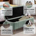 Modern Storage Ottoman Bench, Teddy Upholstered Entryway Bench with Gold Legs, Vintage End of Bed Bench with Safety Hinge, Padded Bench with Storage for Living Room, Bedroom, Entryway (Green)