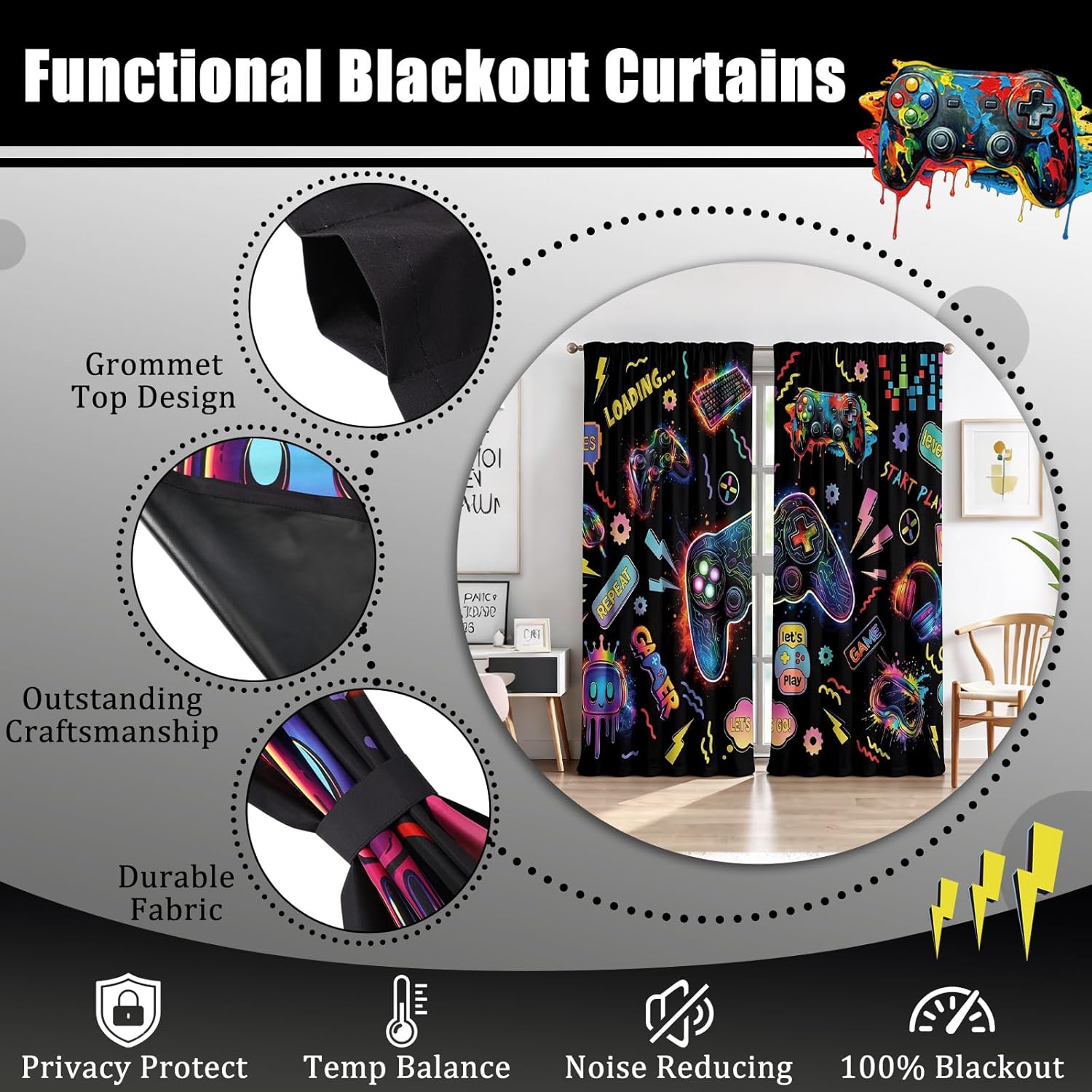 Peryiter Games Curtain Bedroom Room Decor Neon Gamer Curtain with 2 Tiebacks 42 x 84 Inch Thermal Insulated Window Drapes for Bathroom Nursery Home Decoration, 2 Panels