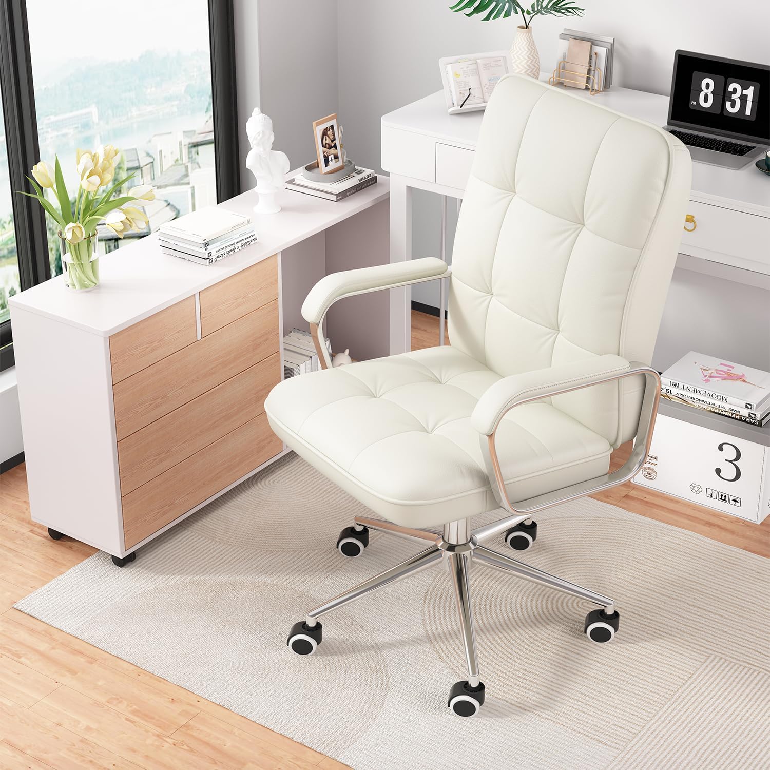 White Office Chair with Soft Leather, Swivel Executive Office Desk Chair with Wheels and Padded Arms, Adjustable Height