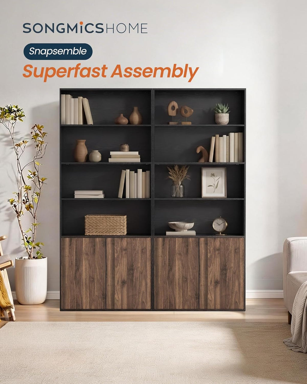 SONGMICS Home Book Shelf, Snapsemble Superfast Assembly, 6-Tier Floor Standing Bookcase with Doors and Adjustable Shelves, 70.4 Inches Tall for Bedroom Living Room, Ebony Black and Natural Walnut