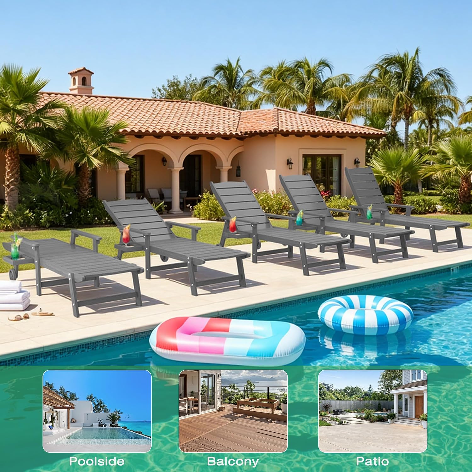 Outdoor Lounge Chairs Set of 2, 6.3ft Outside Chaise Pool Lounger with Wheels,5-Position Adjustable Backrest, 2 Flip-Down Side Cup Holders,HIPS All-Weather for Poolside,Patio,Backyard